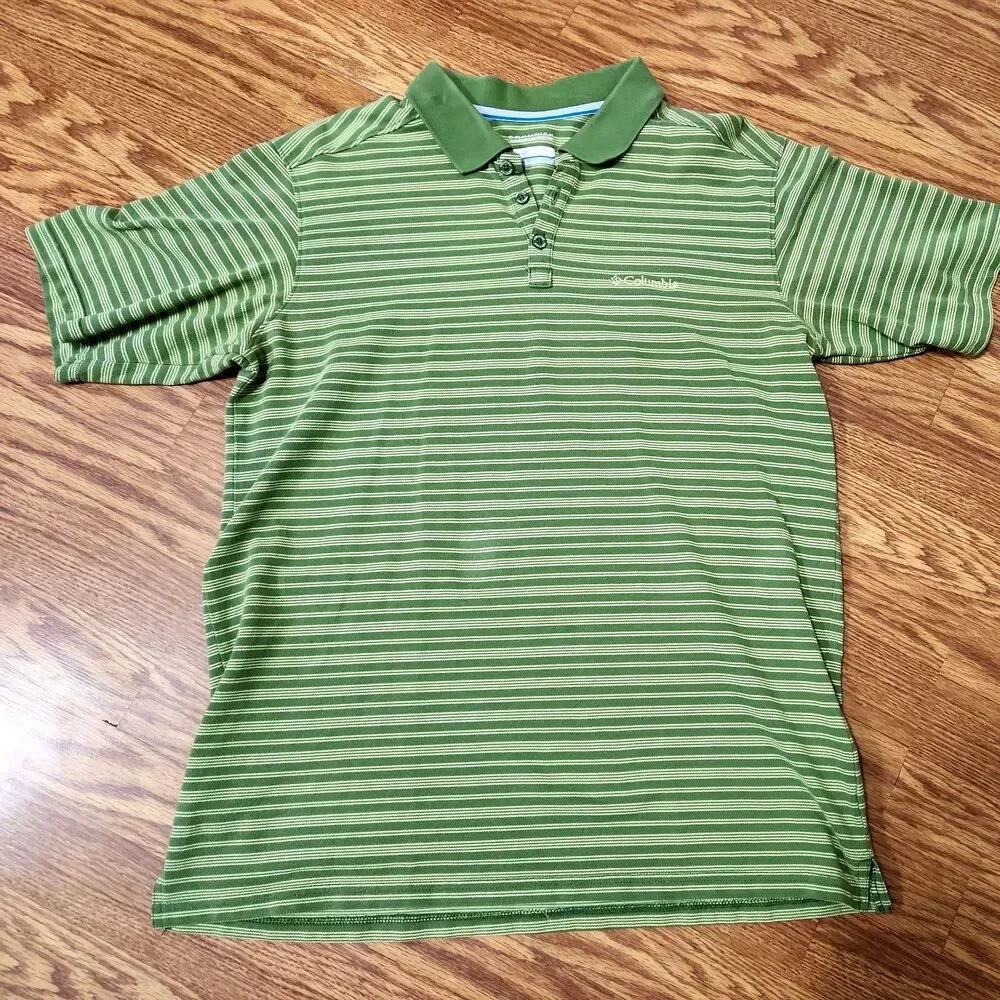 Columbia Omni-Wick Mens Large Performance Golf Polo Shirt Green Striped Casual - Picture 1 of 8